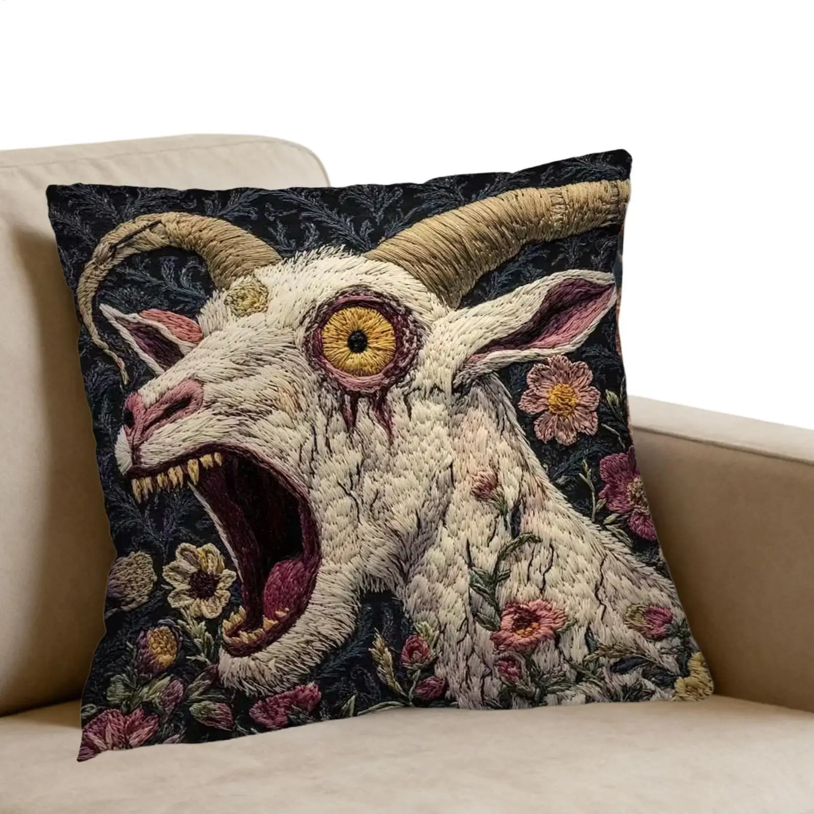 Funda de cojín suave con estampado plano 2D de cara de cabra espeluznante, 18x18, divertida cabra gritando, decoración para el hogar, fundas para sofá y cama