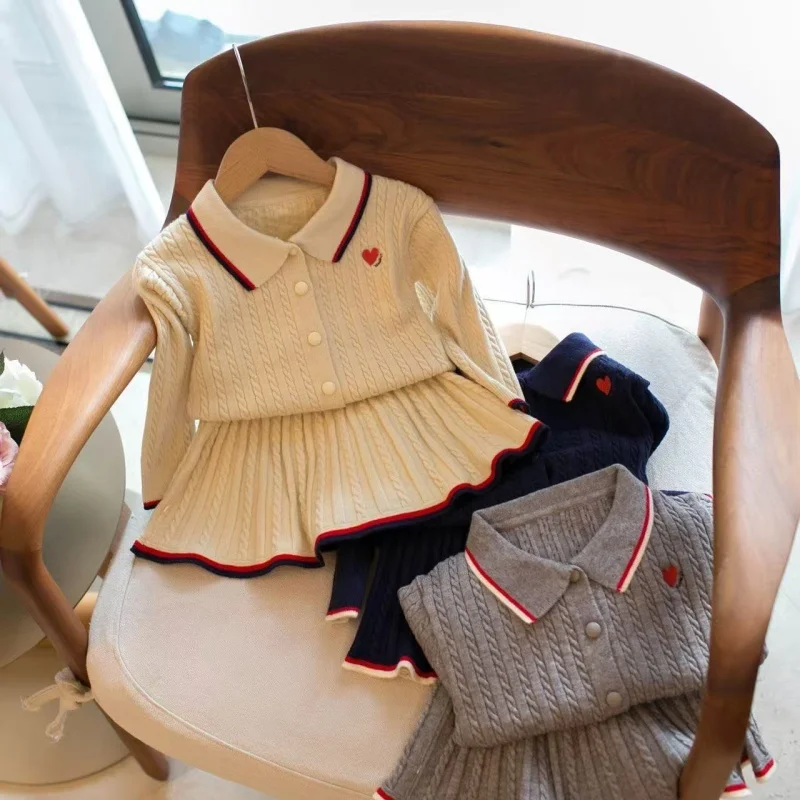 

2026 Spring Autumn Girls' Campus Style Flip Collar Cardigan Sweater+pleated Skirt Two-piece Set Kids Suits School Uniform 2-6Y