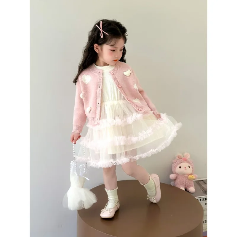 فستان الفتيات الربيع والخريف 2025 جديد للأطفال سترة مشغولة من الصوف الغزل تنورة مجموعة ، الفتيات الصغيرات فستان الخريف سترة تنورة #3