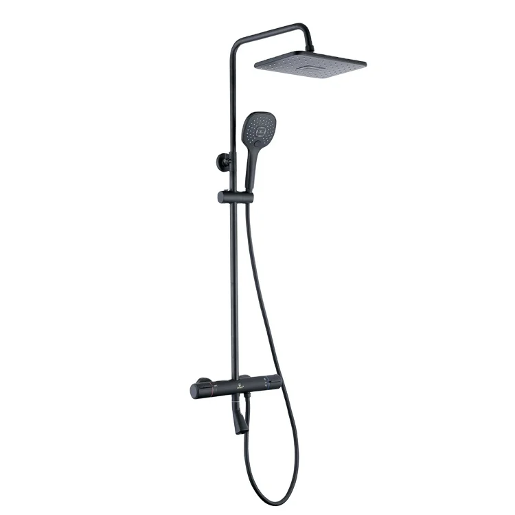 Round Top Rainfall Wall Mounted Shower Column System Set Black Bathroom