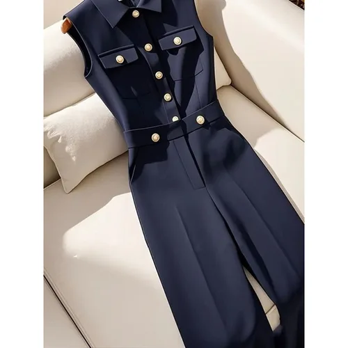 Imagen 1 del producto Nuevo mono único Slackness para mujer, temperamento, sensación avanzada, azul tibetano, ocio Simple, cintura alta, babero para primavera y otoño