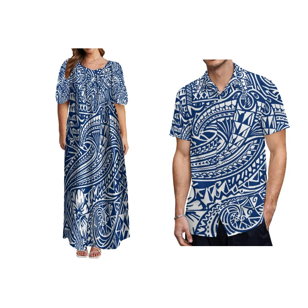 Polynesian Summer Couple Set New Mumu Square Collar Chicken Heart Dress Shirt Tribal Ethnic Style Fashion Women'S Wear