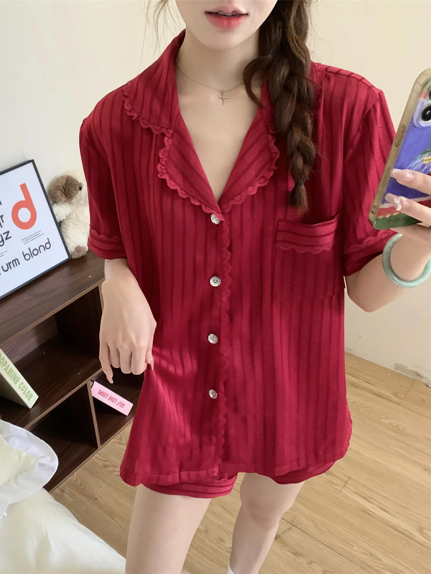 アイスシルク寝間着-レディース-夏-ストライプ-レッド-高級-ファッション-半袖-ホームウェアセット-外でも着用可能-ソフトポリエステル繊維