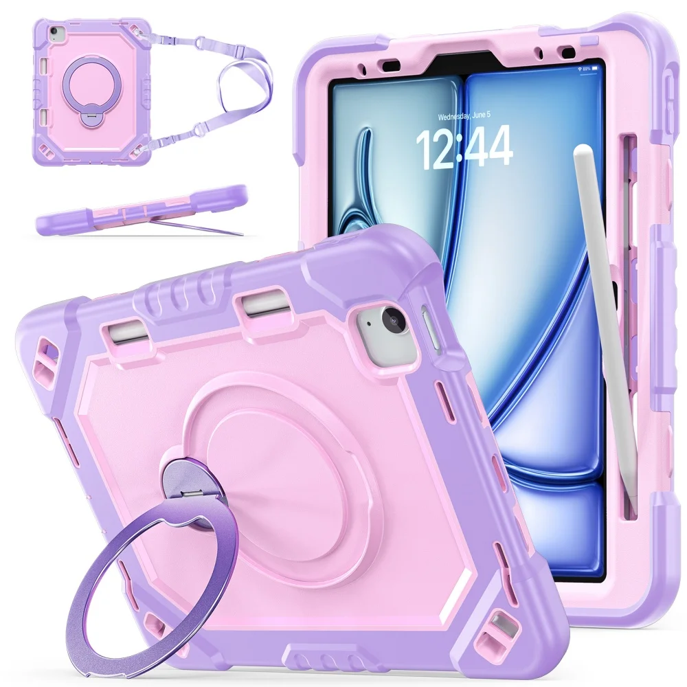 Armor Stand Shockproof Tablet Case For iPad Air 5 Air6 A16 11th M3 Pro11 iPad 10th Air11 Cover With Shoulder Strap Pencil Holder