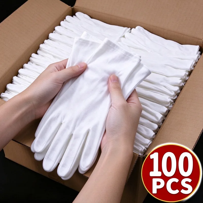 White Cotton Gloves Disposable Lightweight Breathable Etiquette Gloves Waiter Driver Jewelry Work High Elastic Protective Gloves