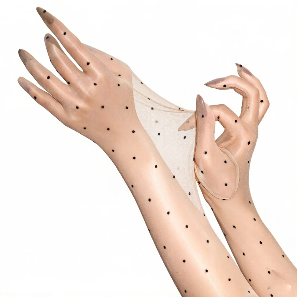 Sexy Women Polka Dot Ultra Thin Five Finger Long Glove Oil Shiny Glossy Sheer Sun Protection Elastic Party Wedding Luxury Gloves