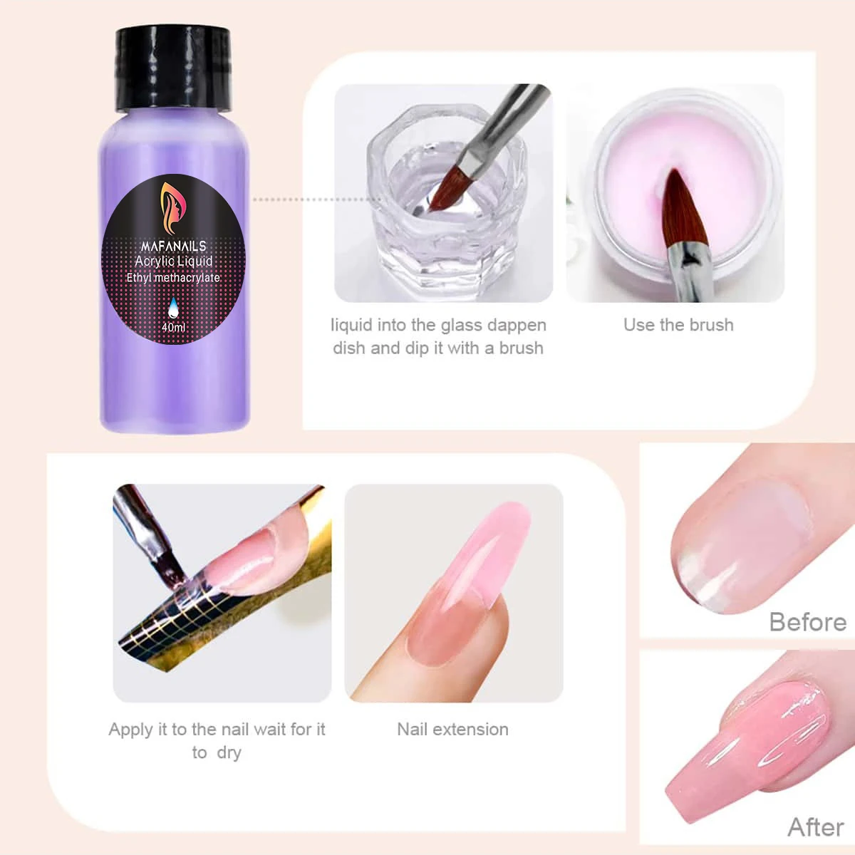 8pc/Set Acrylic Powder and Acrylic Liquid Monomer 10gClear Pink White Acrylic Powder with Nail Brush For Nails Extension Carving