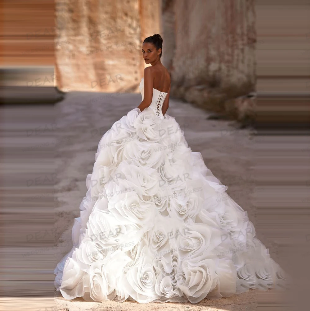 럭셔리 섹시 웨딩드레스 A라인 플러피 3D 꽃 여성 신부 드레스 민소매 베스티도스 데 노비아 맞춤 제작 2025 볼 가운