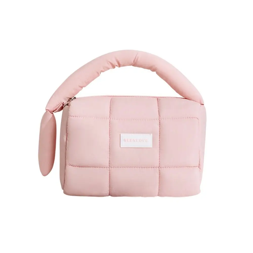 Fashion Solid Color Puffy Makeup Bag Large Capacity Zipper Travel Quilted Toiletry Bag Handbag Nylon Cosmetic Storage Bag