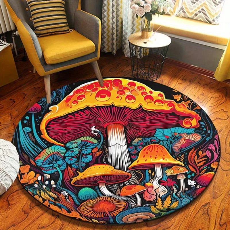 Charming Mushroom Print Round Rug - Machine Washable Flannel Mat for Indoor & Outdoor Decor, Ideal for Doorways and Bedrooms