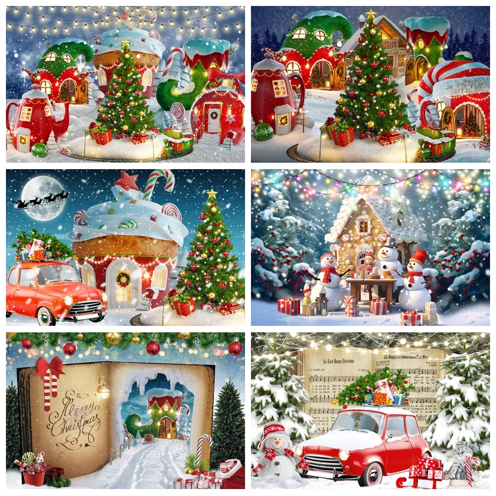 

Merry Christmas Backdrop Xmas Tree Winter Snowflake Snowman Gift Candy House Car Xmas Eve Kids Portrait Photography Background