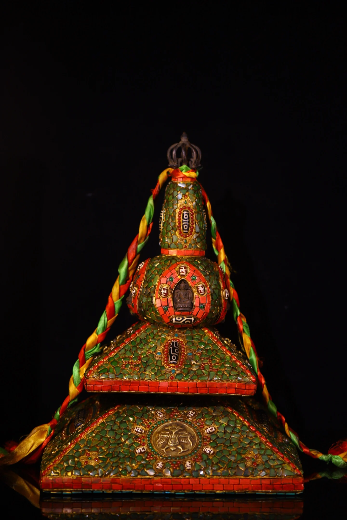 Nepalese folk Meteorite Painted Mosaic Gem gZi Beads Shell  Turquoise Shakyamuni Buddha Pagoda Three story stupa GARUDA pattern