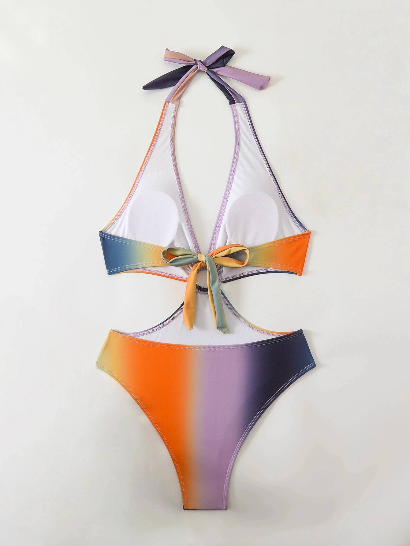 2025 Summer Rainbow Gradient One Piece Swimsuit Women Halter Cutout Deep V Sexy Beach Swimwear Hot Sale