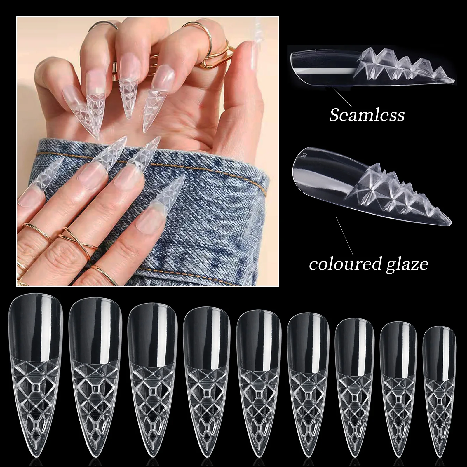 120Pcs Transparent Glazed False Fake Press On Nails Full Cover Almond Square French 3D Glass Concave-Convex Nail Art Tips