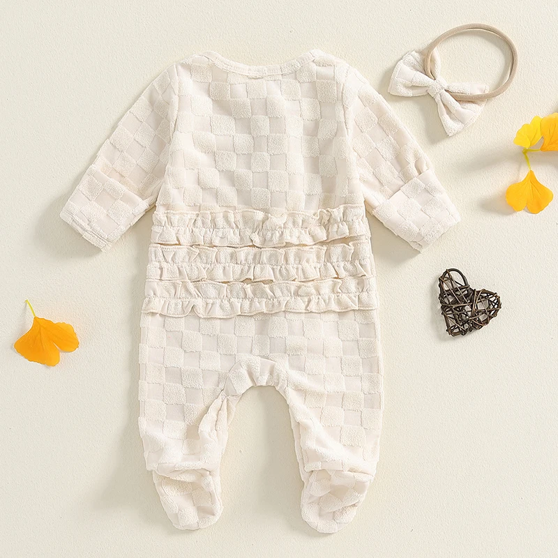 Newborn Girl Outfit, Frill Trim Long Sleeve Fleece Footed Jumpsuit Bow Headband 2 Piece Set for Fall Winter