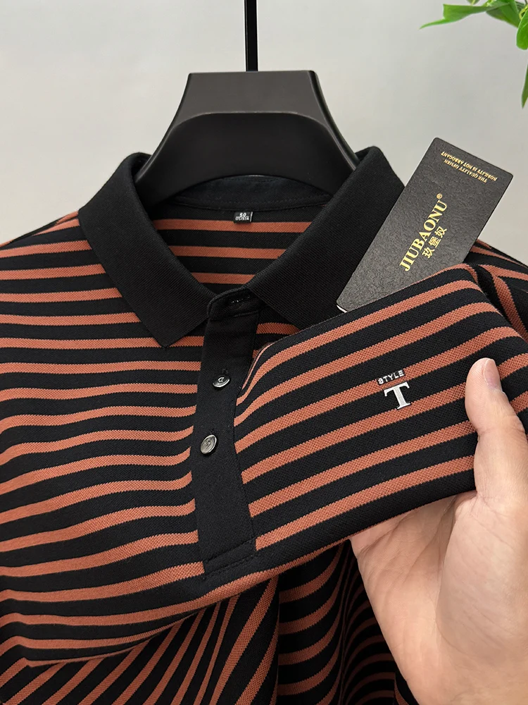 High-end Polo Shirt Men\'s Striped Business Casual Printed Long-sleeved Fashion Spring Autumn Lapel T-shirt Hot stamping Tops