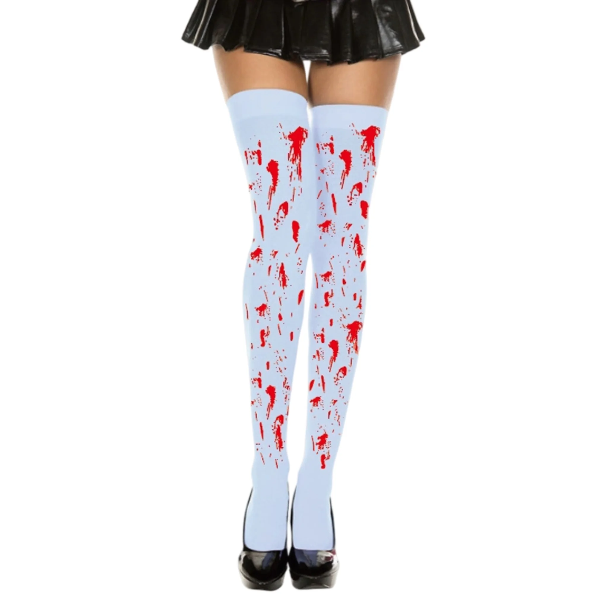 جوارب نسائية عالية من الدانتيل باللون الأسود القوطي مع تصميم بقع الدم لزي حفلات الهالوين التنكرية