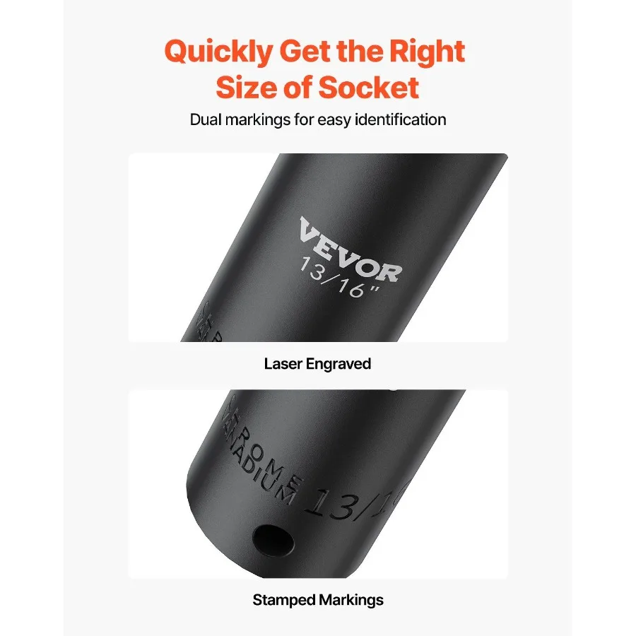 Set Soket Impact 1/2 Inci 19 Buah Soket Impact Soket Dalam Soket 6 Titik Konstruksi Kokoh CrV Soket Drive 1/2 Inci