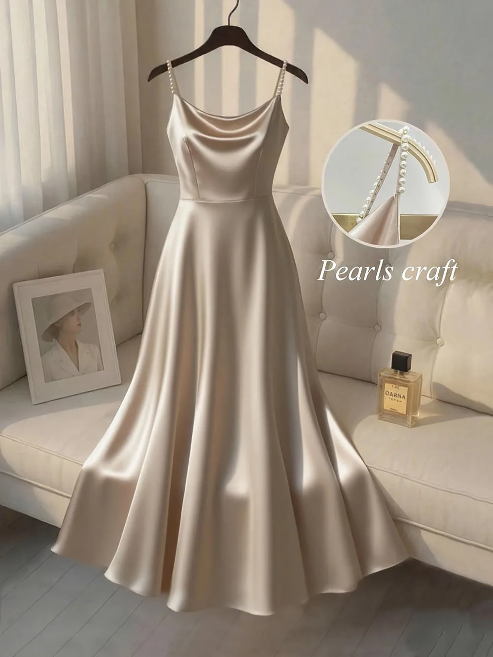 Pearl Strap Satin Slip Retro Dress Women's Elegant Solid Color Dress Strap Handmade Beaded Waist Collection Satin Gilded Dresses