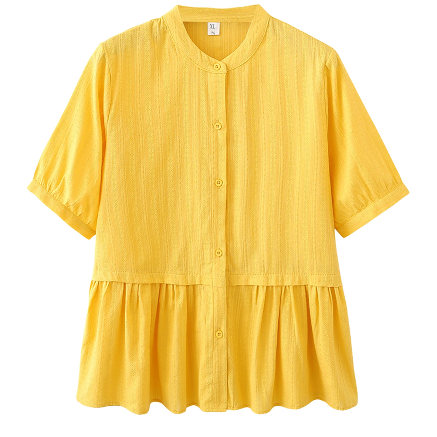 

2026 Summer Plus Size Jacquard Shirt Women Short Sleeve Spliced Ruffle Hem Open Casual Cotton Blouse For Curvy Ladies 672