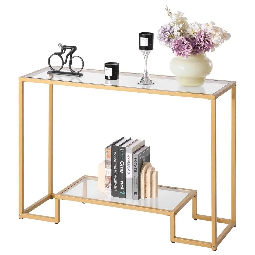 

Elegant 2-Tier Glass Console Table Modern Rectangle Side Table with Tempered Glass Top Iron Legs for living Room Hallway