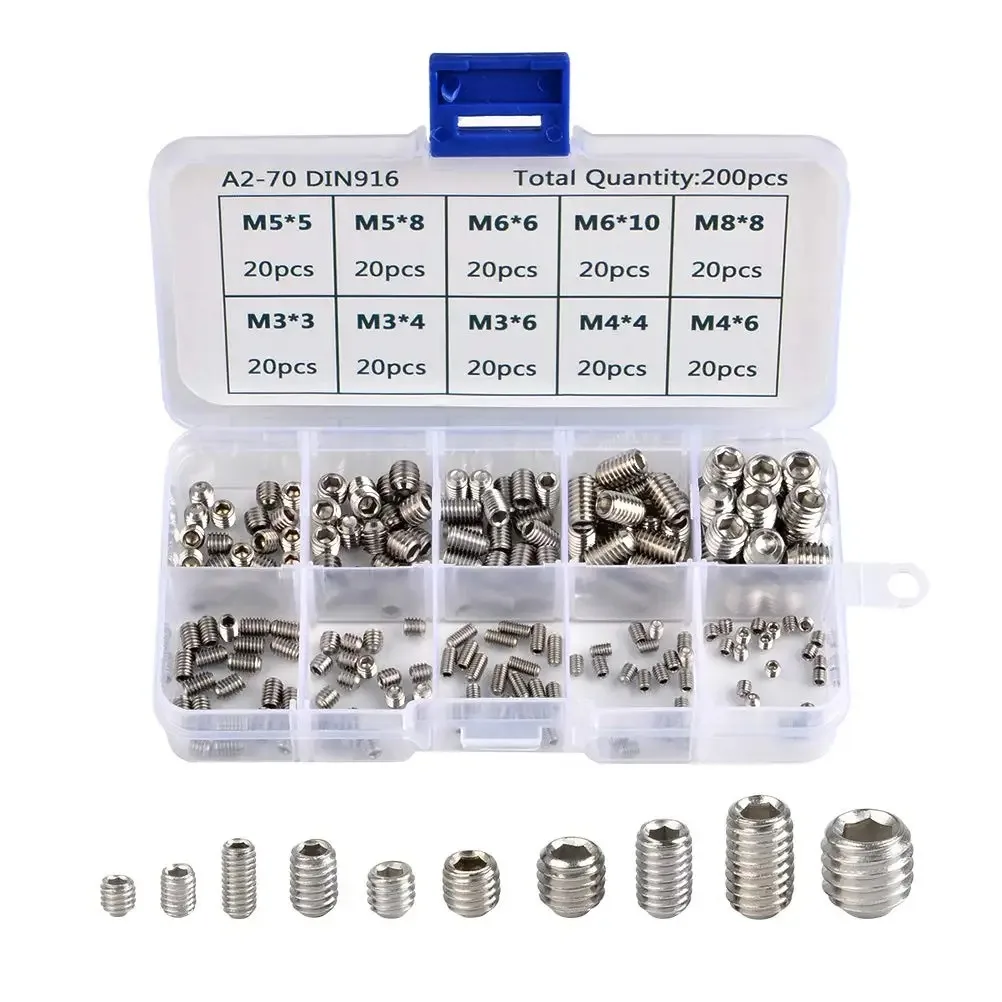 ZoeRax 200pcs 304 Stainless Steel Set Screw M3 M4 M5 M6 M8 Allen Head Socket Hex Grub Screw Set Cup Point Assortment Kit Metric