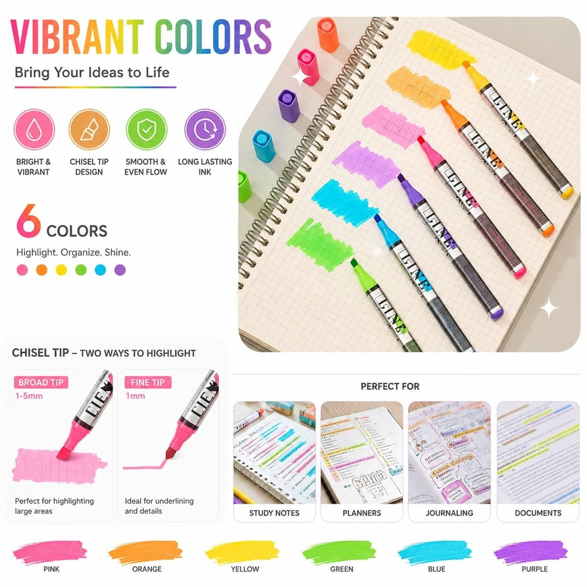 6pcs Wide Blade Design Neon Fluorescent Markers Set Adjustable Line Width Smooth Flow Silver Body Transparent Case for Students