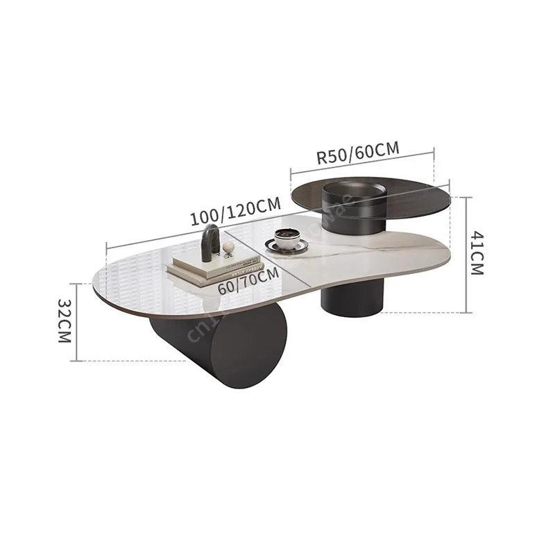 Irregular Sintered Stone Coffee Table, Modern Nesting Center Table with Cylinder & Drum Base for Living Room