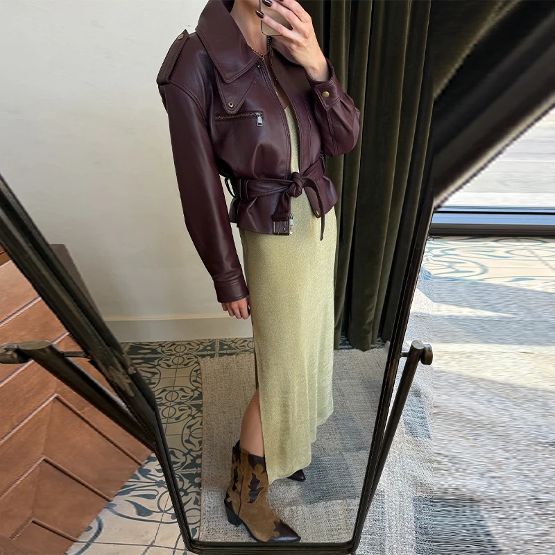 Women's Wine Red Standing Collar Leather Jacket Adjustable Waistband Zipper Coat Commuter Coat 2025 Women's New Casual Clothing