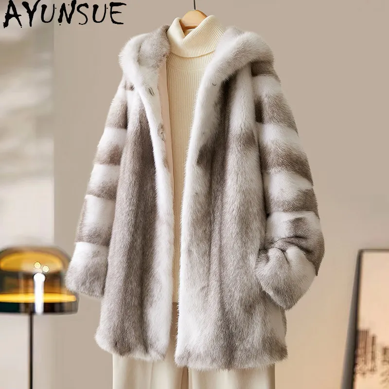 

Шуба AYUSNUE из натурального меха норки класса люкс, женская зимняя одежда, модная новинка, цельная норковая шуба, женская шуба из натурального меха