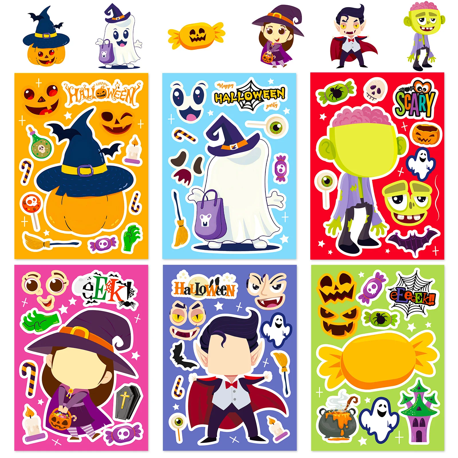 6Sheets Halloween DIY Puzzle Sticker Games 6 Cute Ghost Vampire Make A Face Funny Assemble Jigsaw Stickers Kids Educational Toys