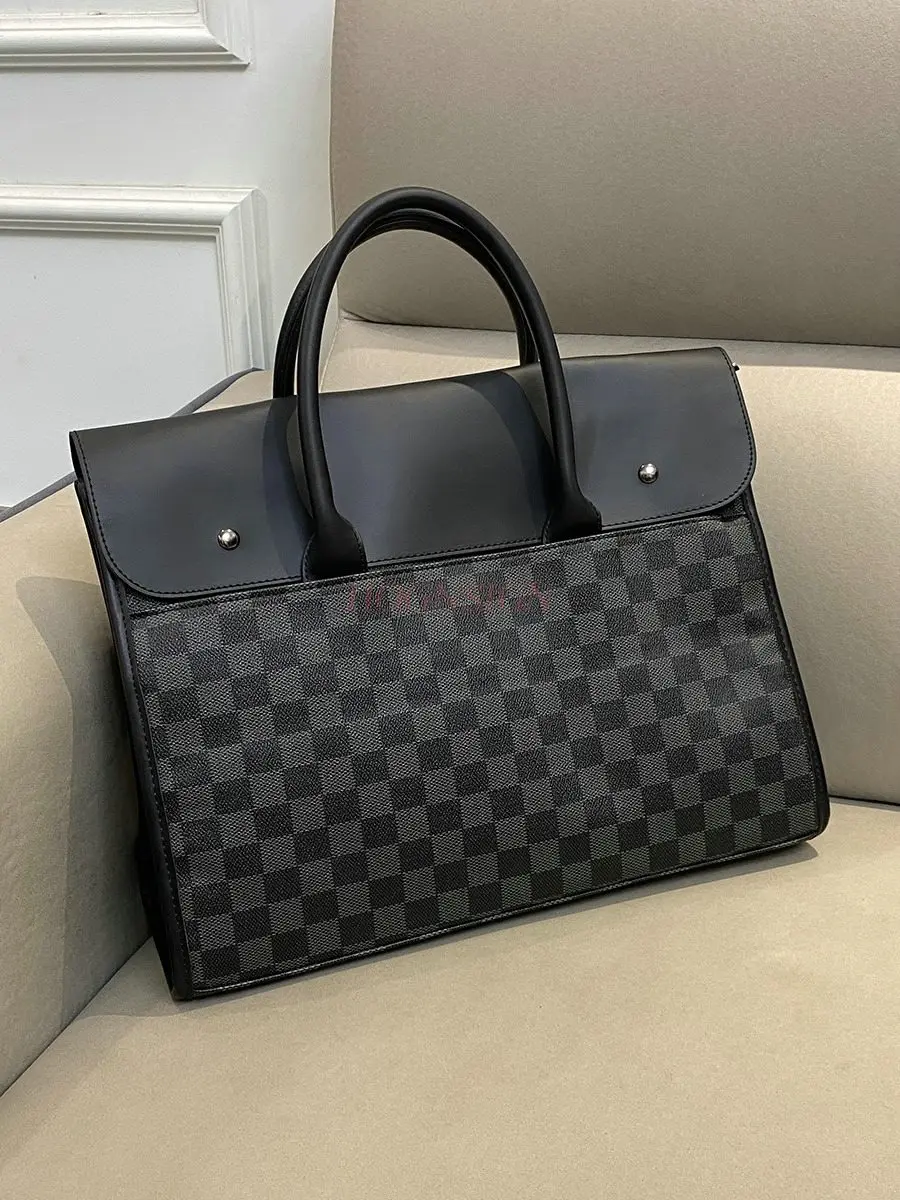 1pcs Trendy tote bag, men's large capacity business briefcase, grid fashion diagonal cross bag, computer bag, wear-resistant