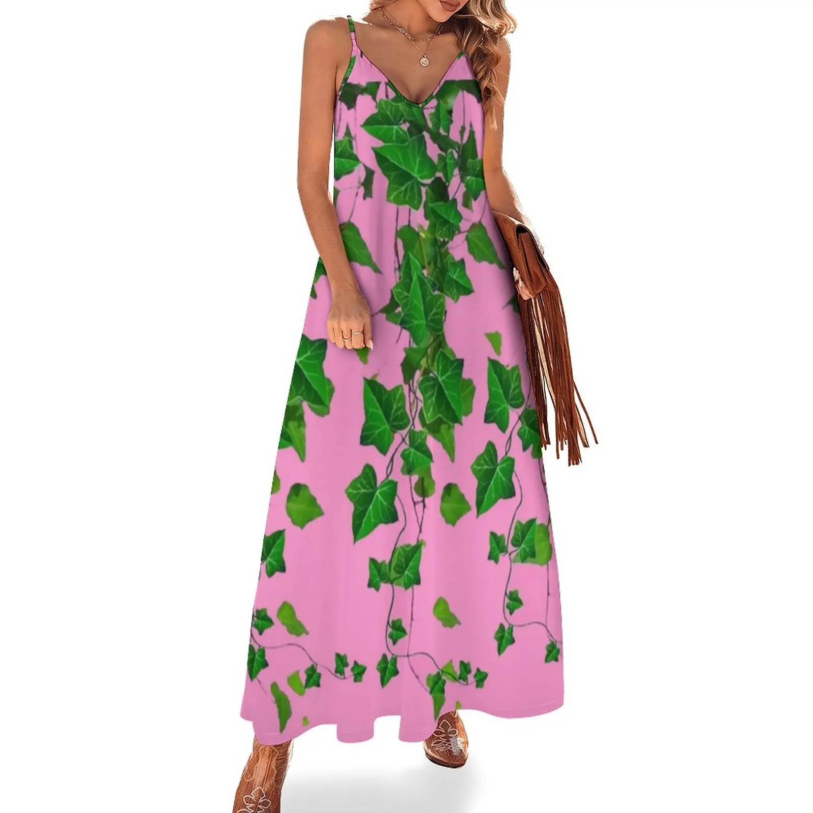 GREEN IVY HANGING LEAVES VINES PINK ART Sleeveless Dress women\'s summer clothing 2024 Prom gown Woman dresses