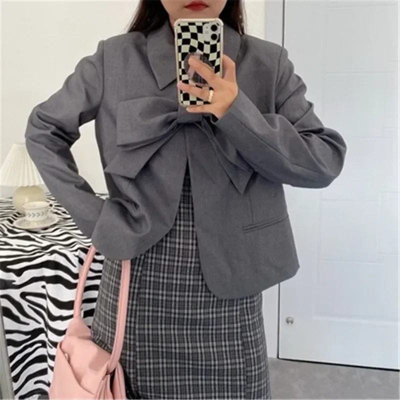 2024 New Spring Elegant Women Grey Chic Blazer Small Girl Retro Fashion Design Bowknot Loose Short Jacket Office Lady Workwear