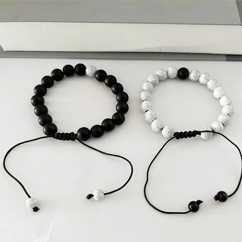 2 Piece Set Of Neutral Bracelets With Natural Energy White Turquoise Black White Matching Bracelets Simple Creative Retro Style