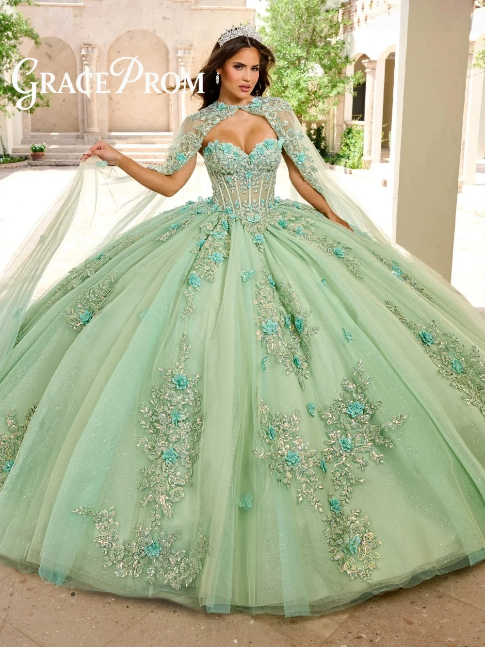 

Luxury Light Green Sweet 16 Gown Adorned Intricate Gold Glitter Tulle Voluminous Ball Gown Silhouette For Sweet 16 Celebration
