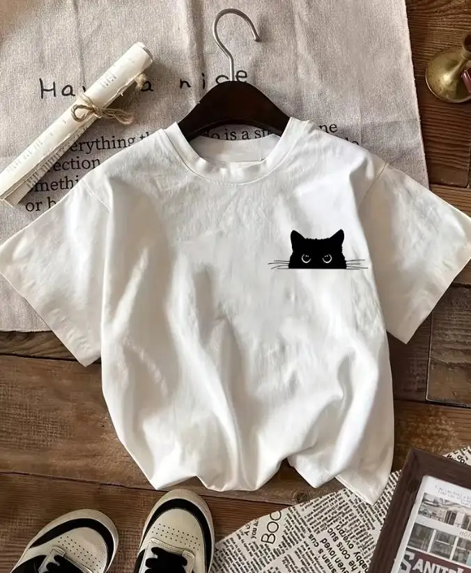 Women Minimalist Peeking Black Cat Graphic T Shirt Small Chest Peekaboo Cat Print Round Neck Short Sleeve Casual Tee Everyday Layering Top