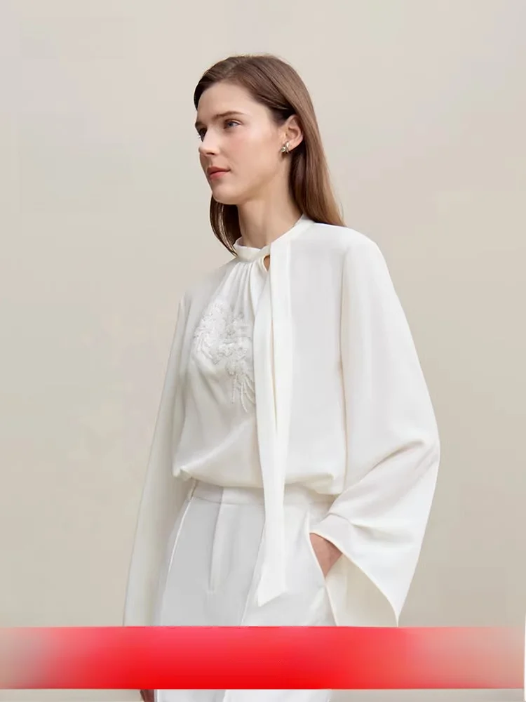 

Женская свободная блузка Ele Commuter Sle с вышивкой и бисером, длинными рукавами, из полиэстера, с воротником-стойкой и завязками на талии