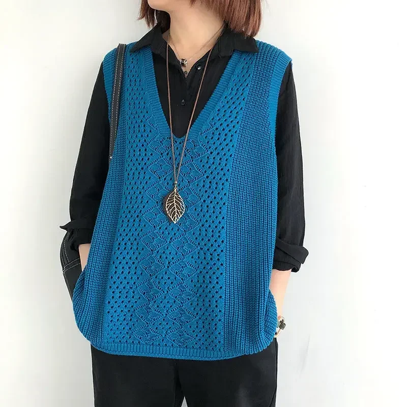 French Sleeveless Knit Vest Women's Casual Tops Sweaters Pullovers 2023 Summer Fashion Tanks Tops Solid Color Hollow Out Shirt