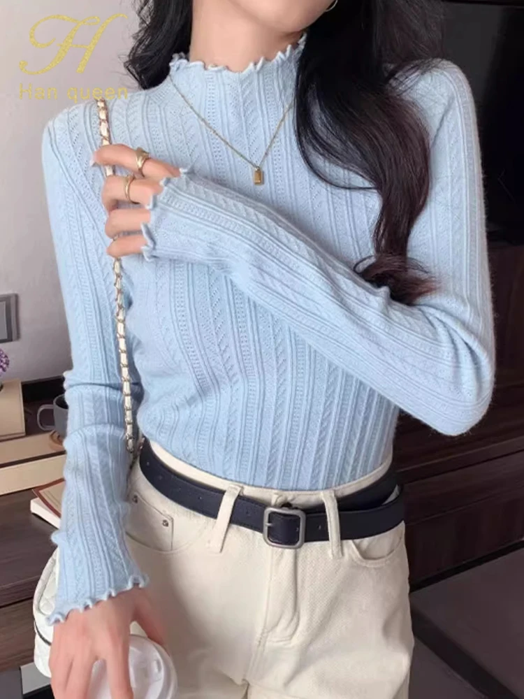 

H Han Queen Autumn Winter Bottom Casual Pullovers Women's Long Sleeve Elegant Simple Korean Vintage Knitwear Work Sweaters Tops