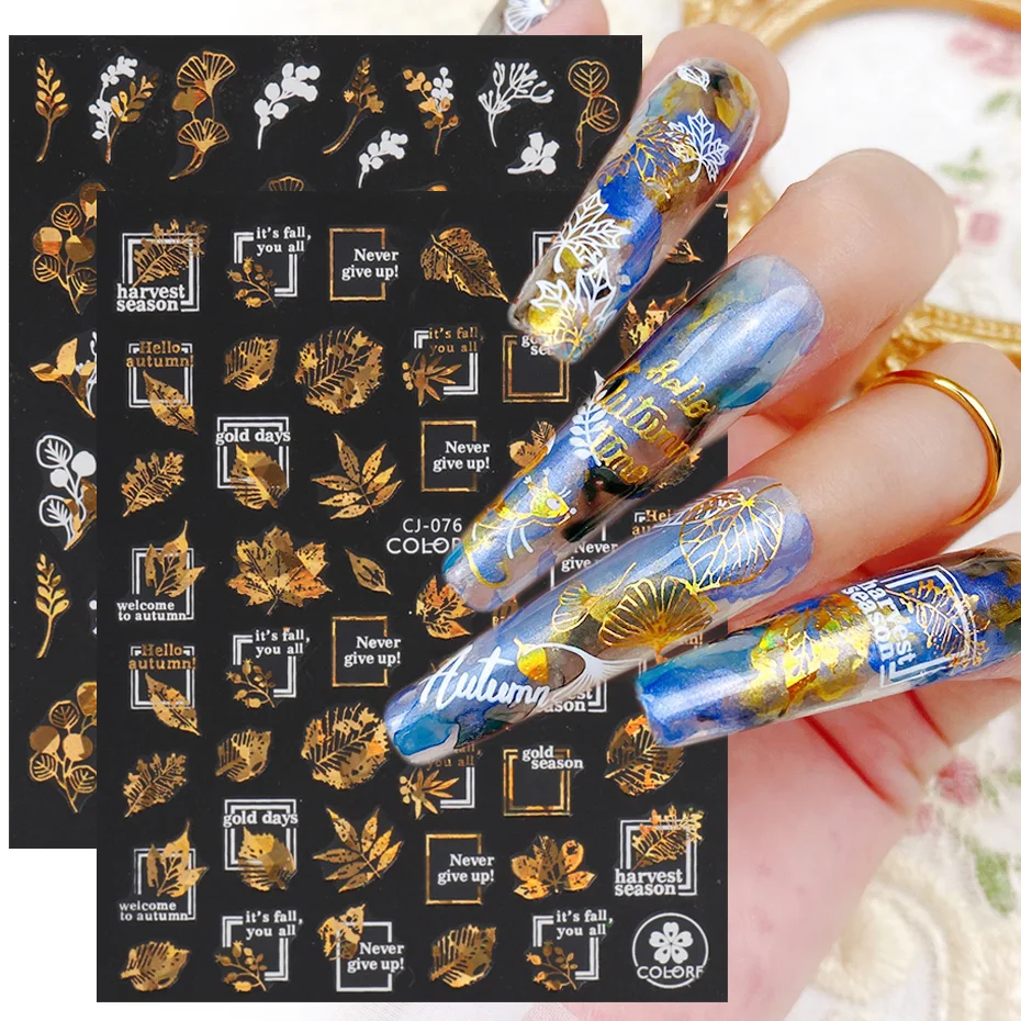 White Gold Laser 3D Nail Stickers Autumn Maple Leaf Feather Letter Holographic Slider Anime Sticker Design Nail Decoration BECJ