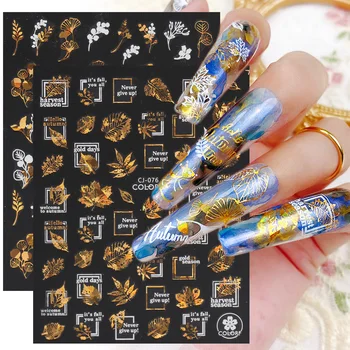 Ouro branco laser 3d adesivos de unhas outono maple leaf pena carta holográfica slider anime adesivo design decoração de unhas becj