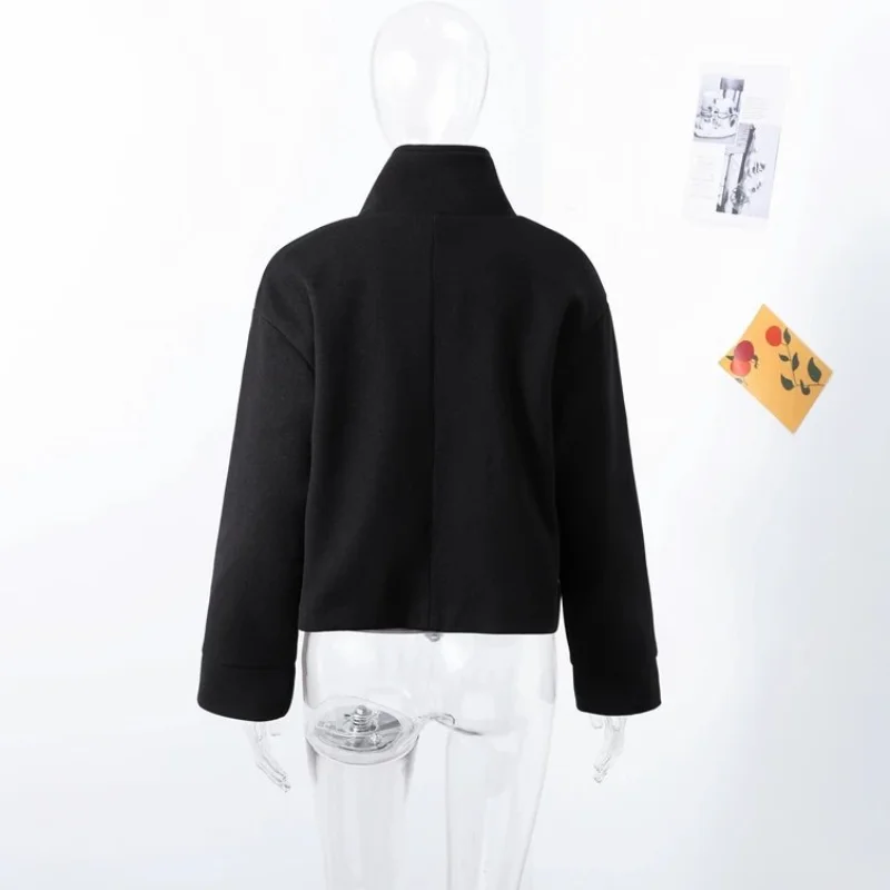 Dunkelblaue Wolljacke für Damen, 2025, Frühling, einreihig, Stehkragen, lockerer weiblicher Mantel, Bürodame, Straße, kurze Oberbekleidung, Tops – Detail 3