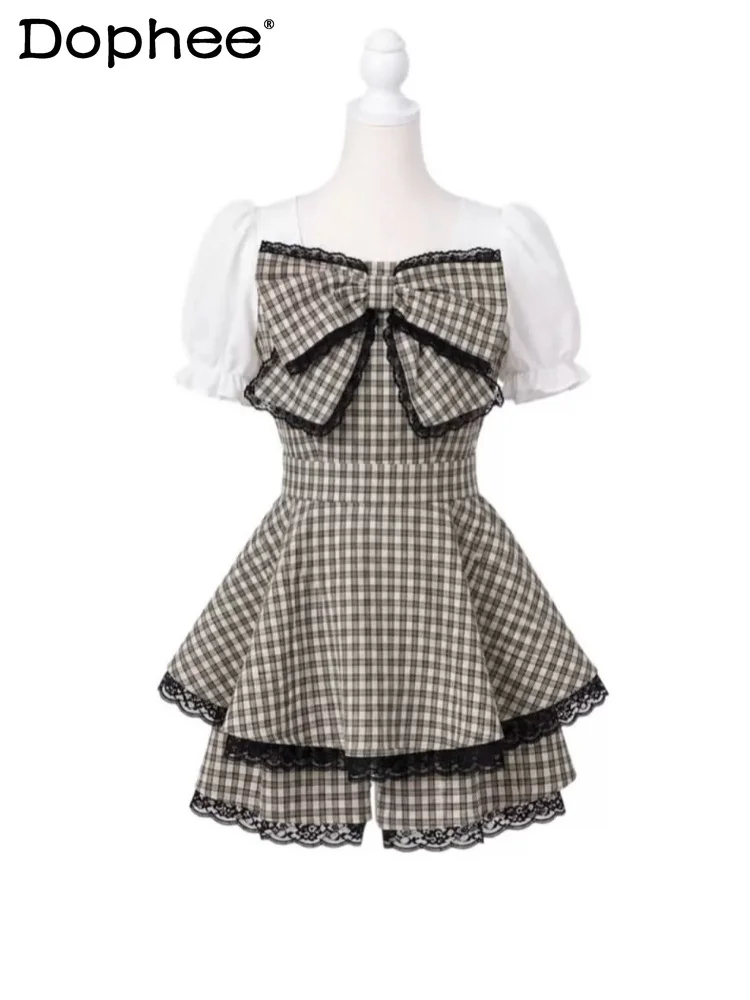 

Japanese Sweet Girl Polka Dot Plaid Bubble Sleeve Big Bow Dress 2026 Summer Waist Lace Dress Shorts Fashion Suit