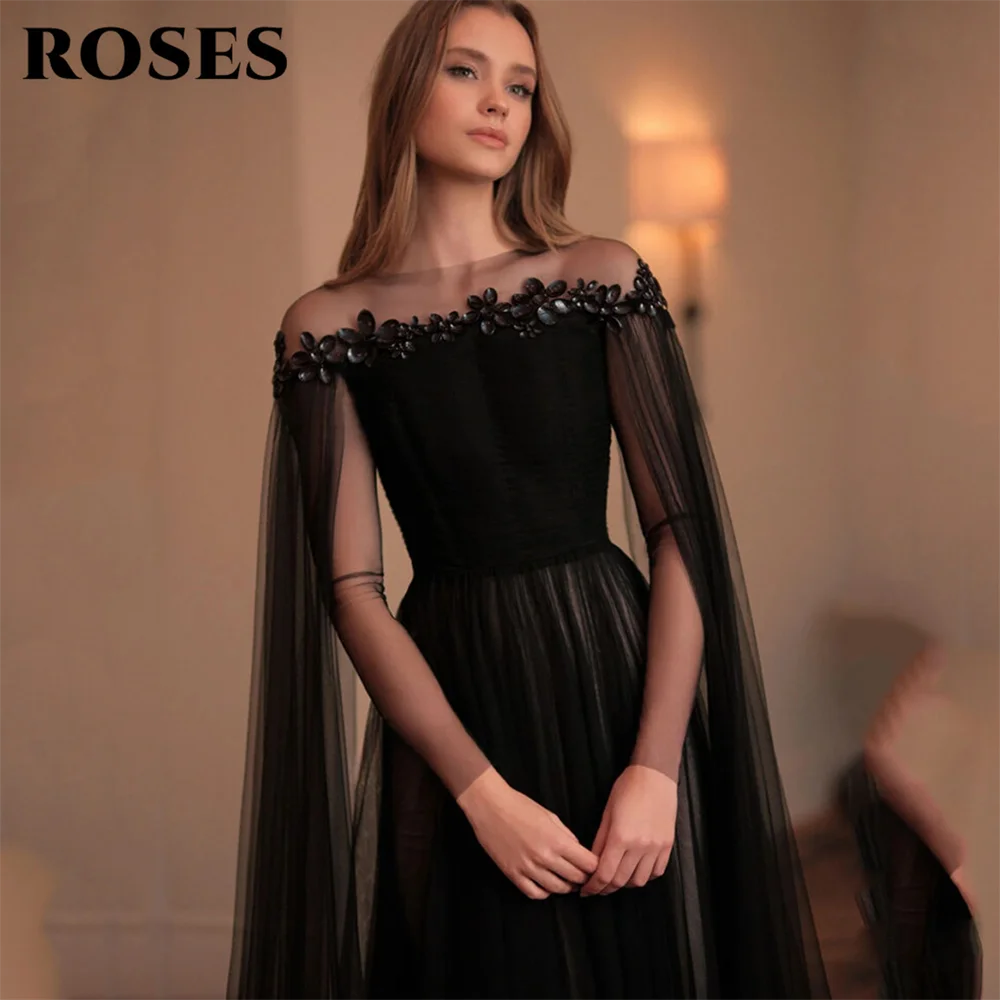 ROSES Black Prom Dresses Off The Shoulder Tulle Wedding Party Dress with Sheer Cape Sleeves and Embellished Neckline Customized