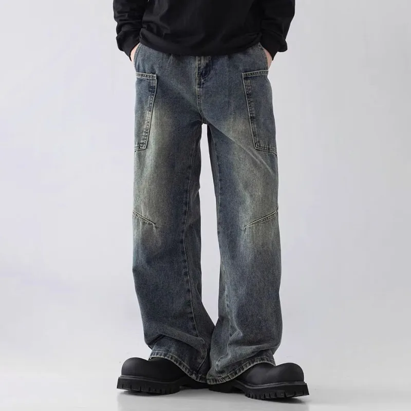 الكورية نمط جيب كبير عمال الجينز الرجعية الأزرق الرجال فضفاض الجينز مستقيم الساق السراويل عارضة واسعة الساق السراويل عارضة السراويل #4