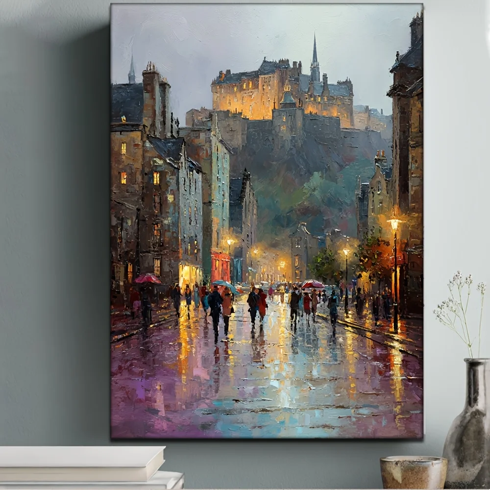 2D Flat, 2D Flat, 2D Flat 1pc, with Frame, 30.48X40.64cm [2D Flat] HD Oil Painting Burgh Travel Poster Scotland Art Castle Ci