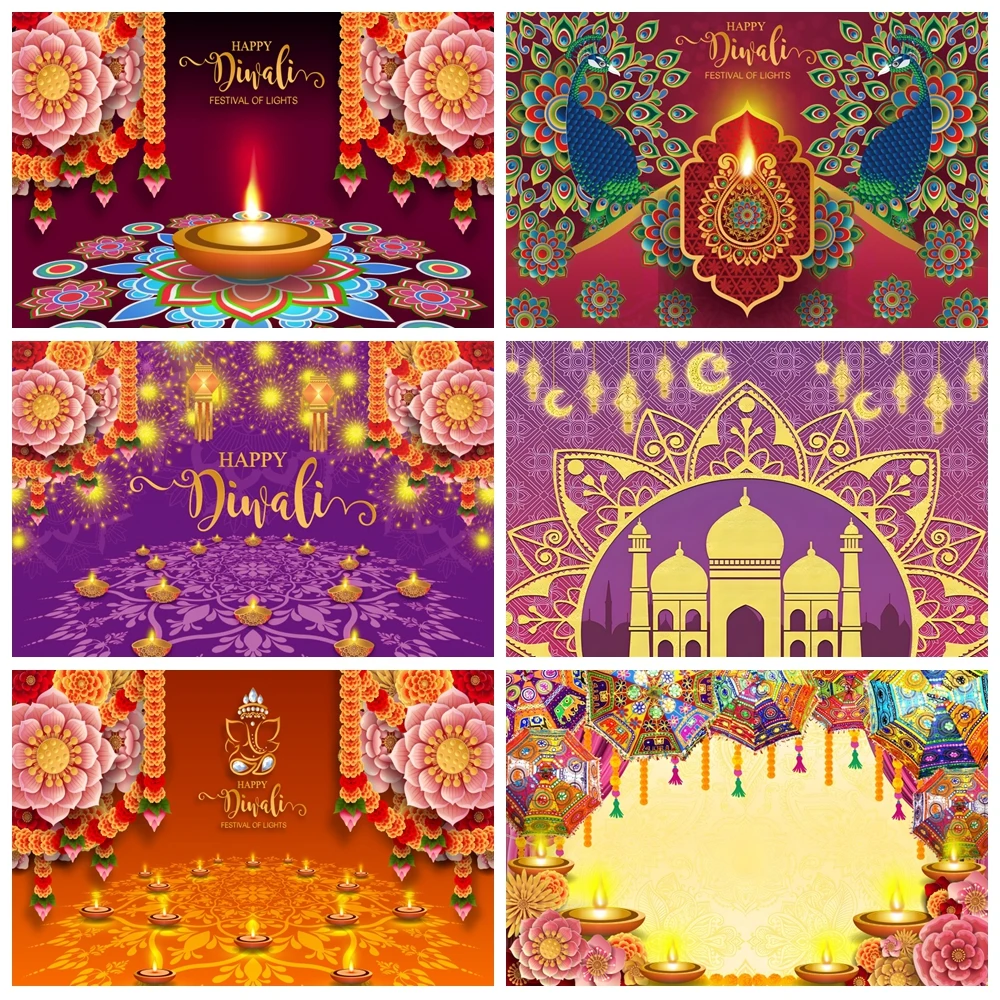 

Happy Diwali Festival Backdrop Indian Traditional Deepavali Lights Diyas Candle Marigold Diwali Photography Background Decor