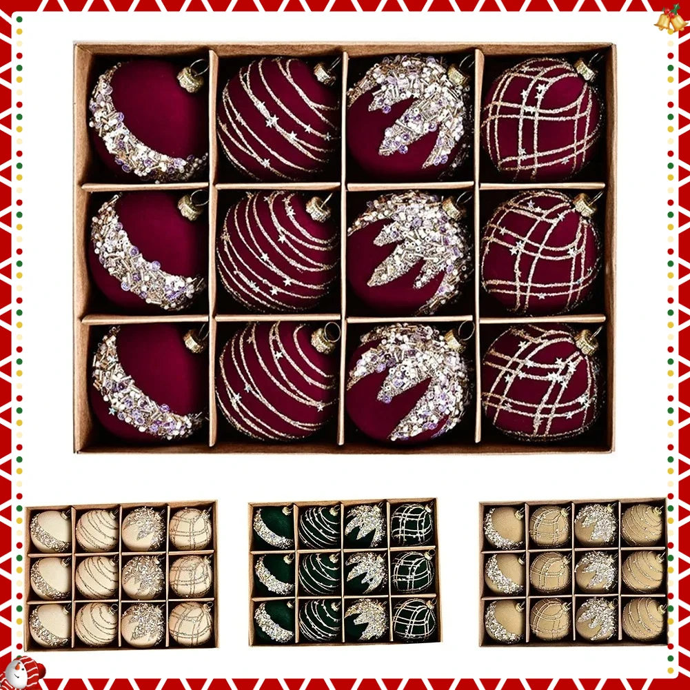 

12pcs 6CM Christmas Pendant Drop Ornaments Premium Velvet Sequin Christmas Ball Window Hanging Festive Party Supplies New Years