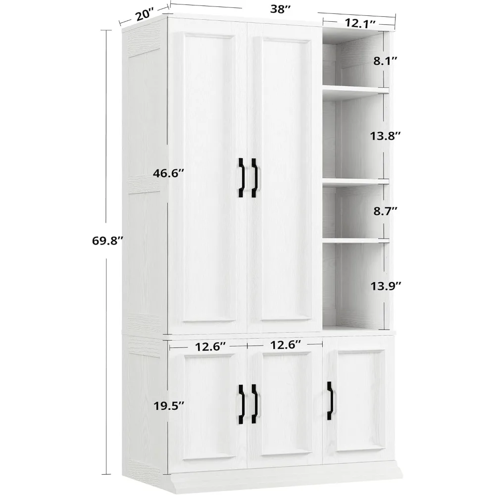 白い木製ワードローブクローゼット、5ドア、4段棚、ハンガーロッド付き、高さ70インチ、衣類収納キャビネットオーガナイザー